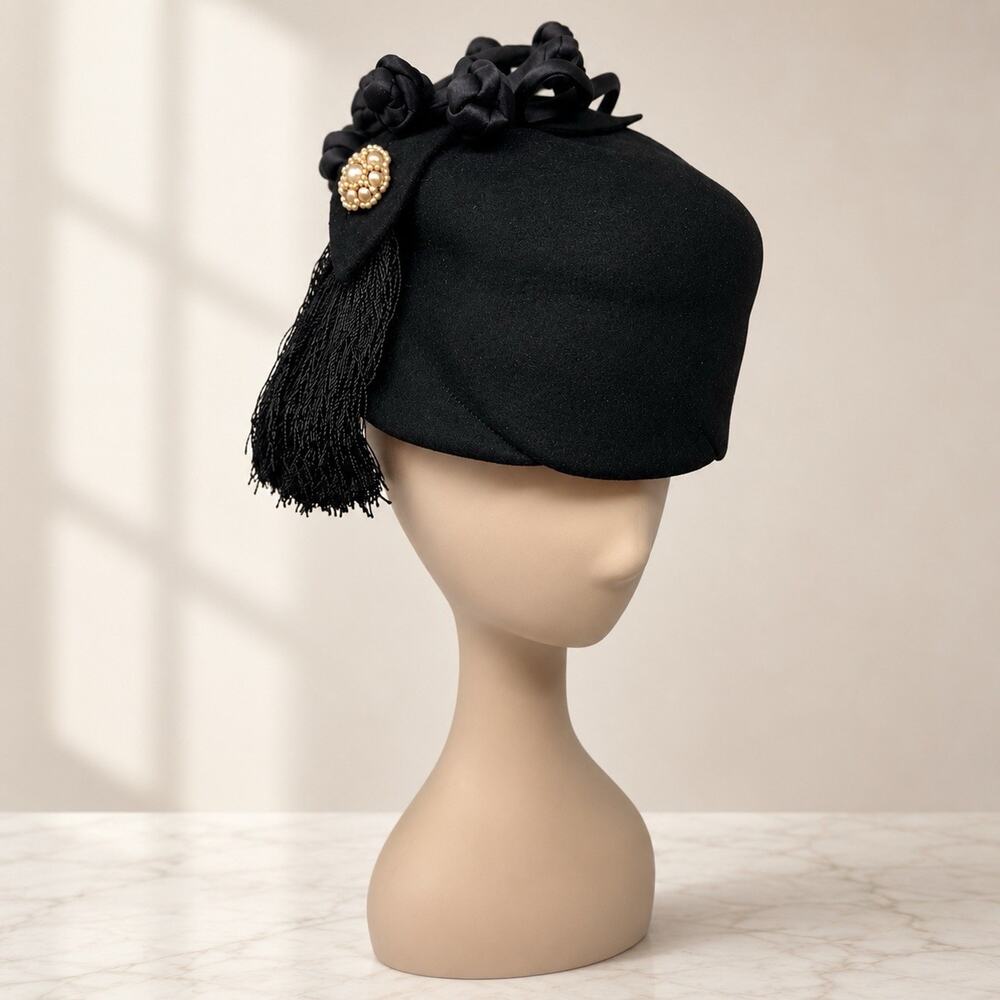 Vintage French Black Cocktail Hat 1950s Toque Tassel Pearl Paris